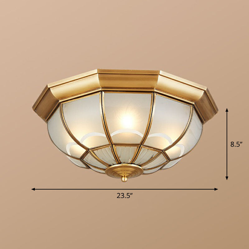 Brass Flush Mount Lamp with Frost Glass Dome – Classic Bedroom Ceiling Lighting Fixture