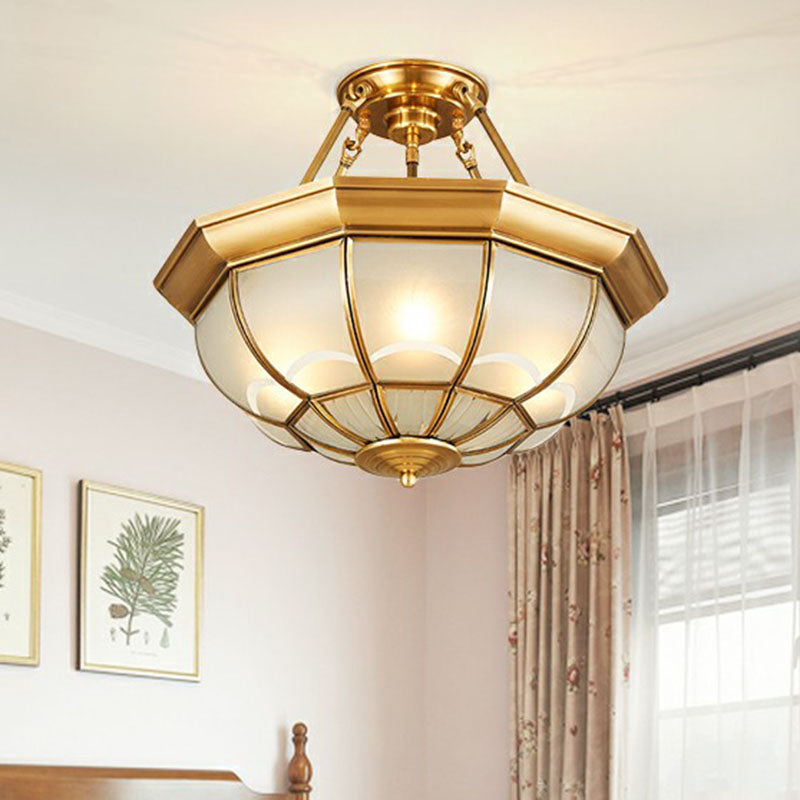 Brass Flush Mount Lamp with Frost Glass Dome – Classic Bedroom Ceiling Lighting Fixture