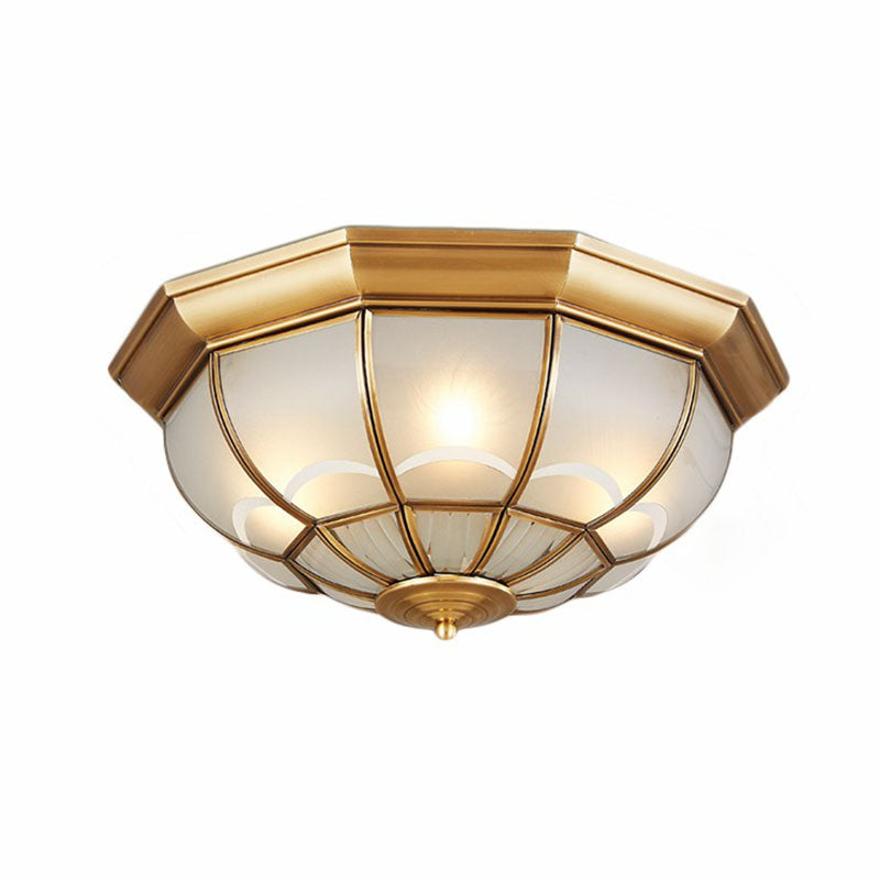 Brass Flush Mount Lamp with Frost Glass Dome – Classic Bedroom Ceiling Lighting Fixture