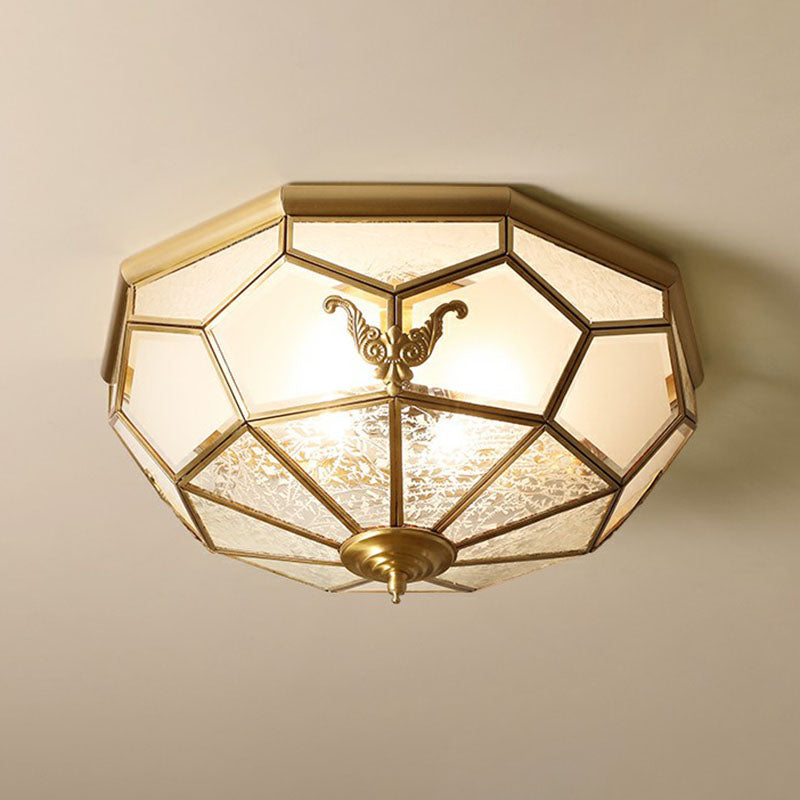 Vintage Brass Round Frosted Glass Flush-Mount Bedroom Ceiling Light Fixture