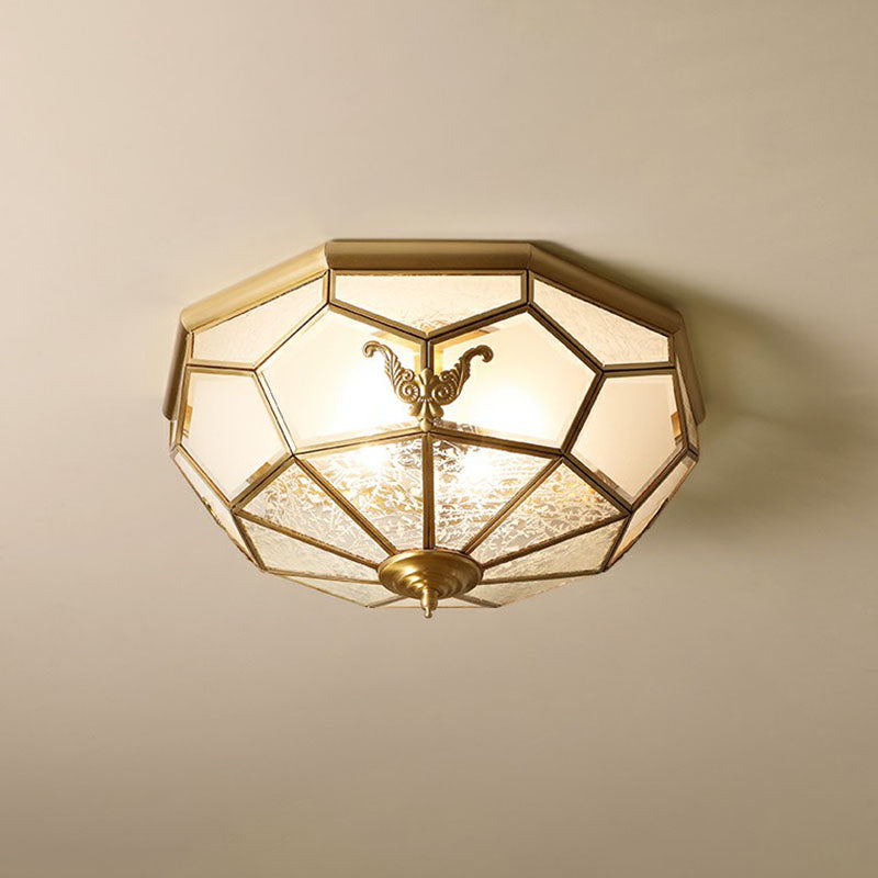 Vintage Brass Round Frosted Glass Flush-Mount Bedroom Ceiling Light Fixture