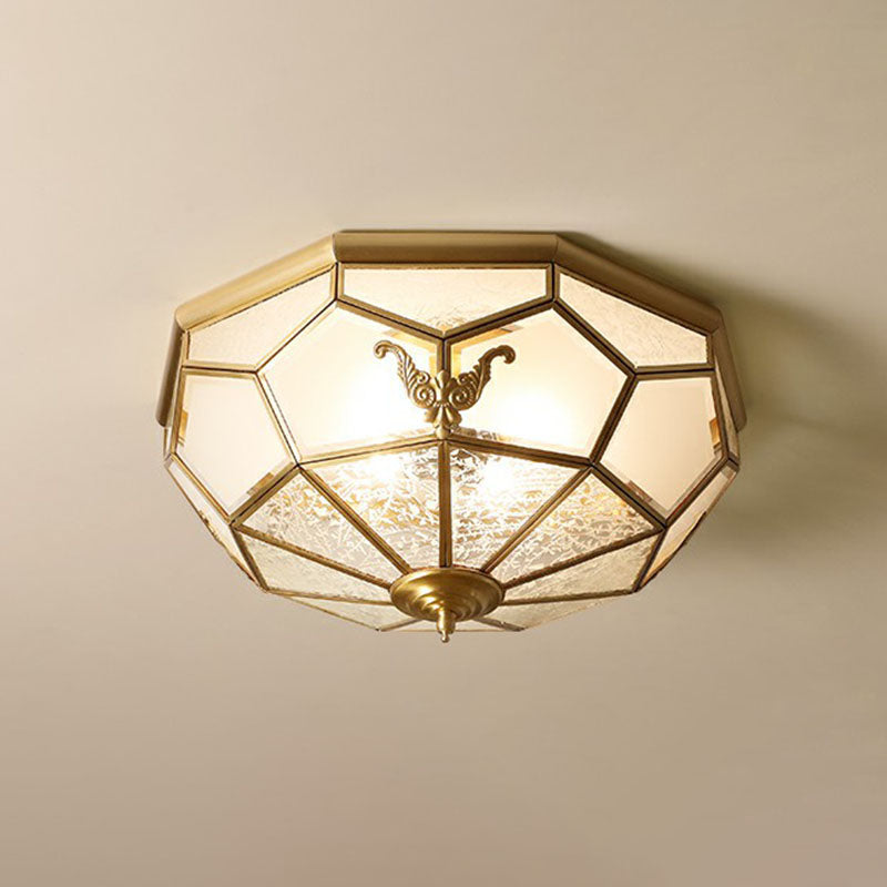 Vintage Brass Round Frosted Glass Flush-Mount Bedroom Ceiling Light Fixture