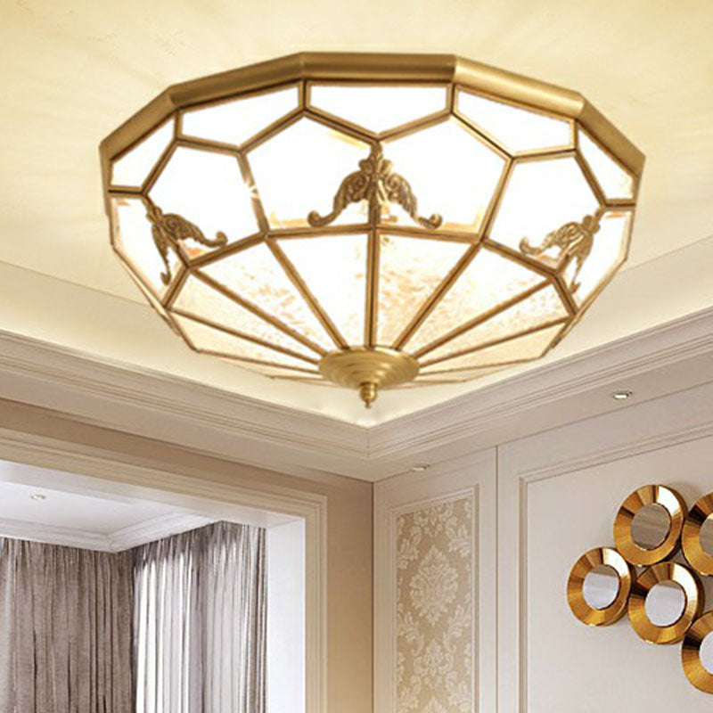 Traditional Brass Flush Ceiling Light Fixture with Frosted Glass Panes - Ideal for Bedrooms