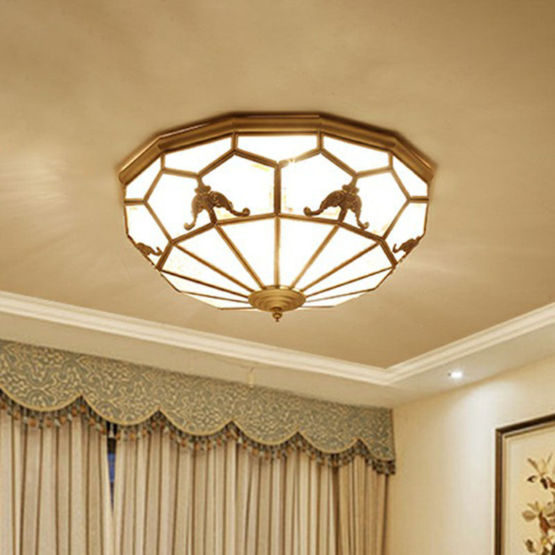 Traditional Brass Flush Ceiling Light Fixture with Frosted Glass Panes - Ideal for Bedrooms