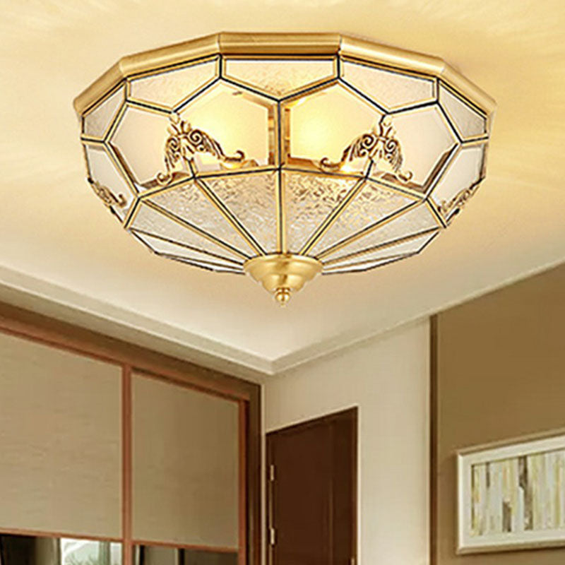 Traditional Brass Flush Ceiling Light Fixture with Frosted Glass Panes - Ideal for Bedrooms