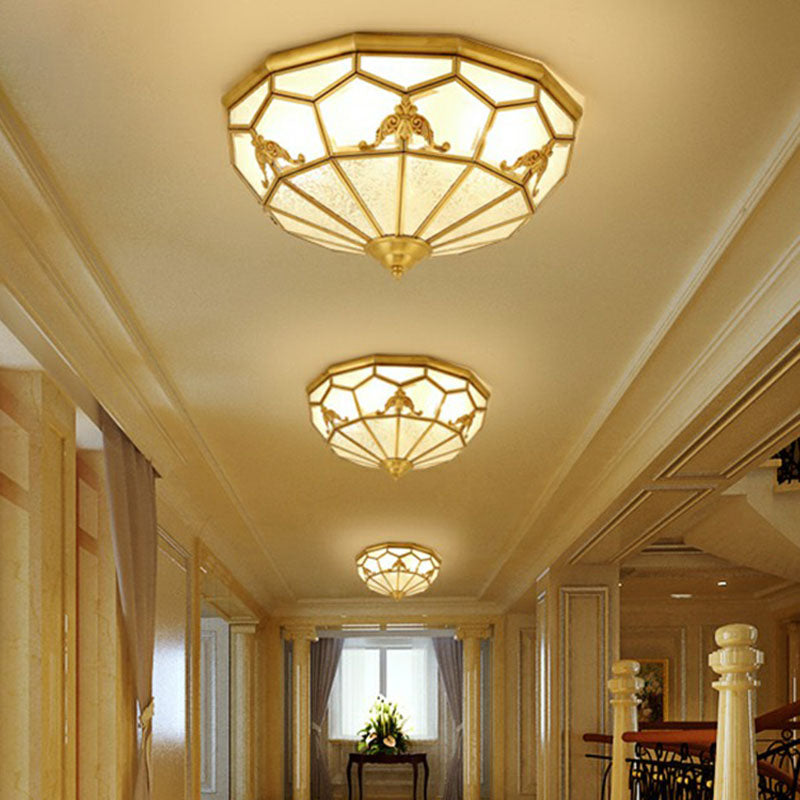 Traditional Brass Flush Ceiling Light Fixture with Frosted Glass Panes - Ideal for Bedrooms