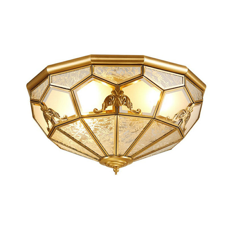 Traditional Brass Flush Ceiling Light Fixture with Frosted Glass Panes - Ideal for Bedrooms