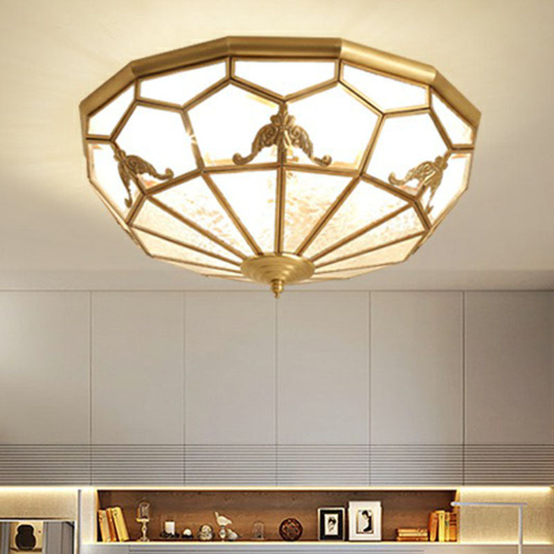 Traditional Brass Flush Ceiling Light Fixture with Frosted Glass Panes - Ideal for Bedrooms