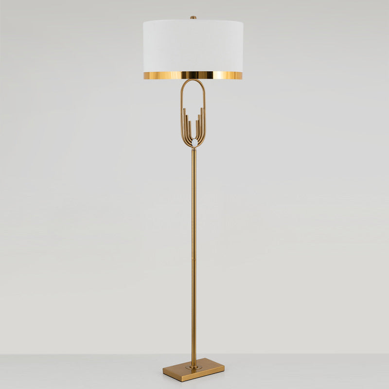 Vintage Brass Fabric Drum Floor Lamp - Single Bulb Standing Lighting For Living Room