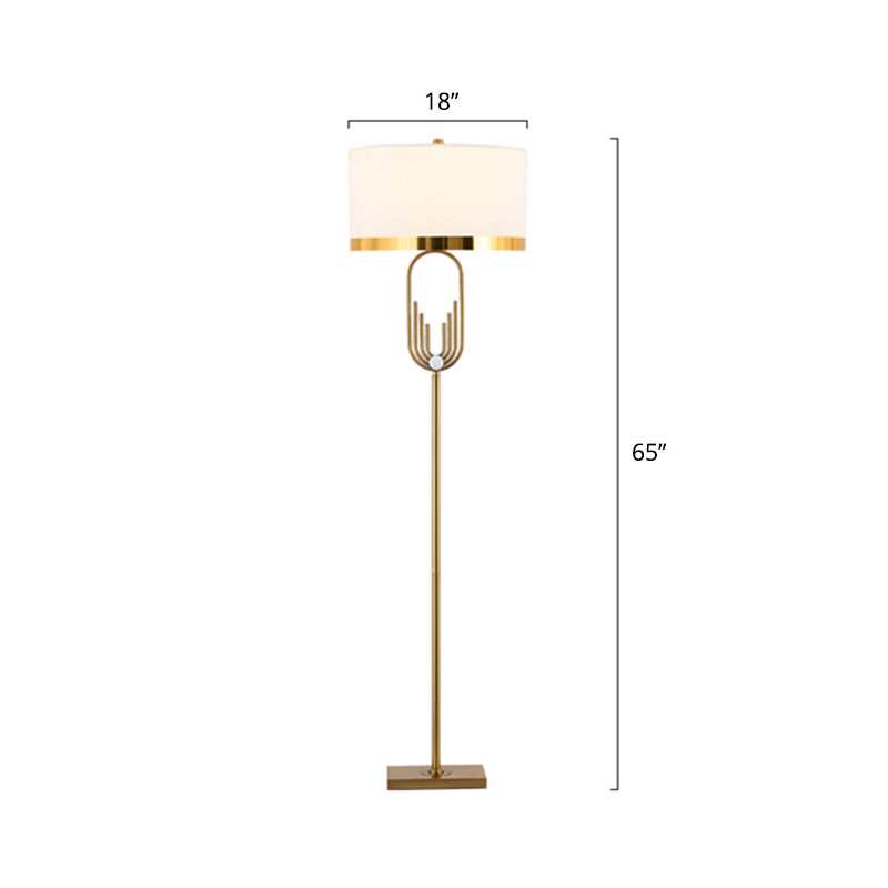 Vintage Brass Fabric Drum Floor Lamp - Single Bulb Standing Lighting For Living Room