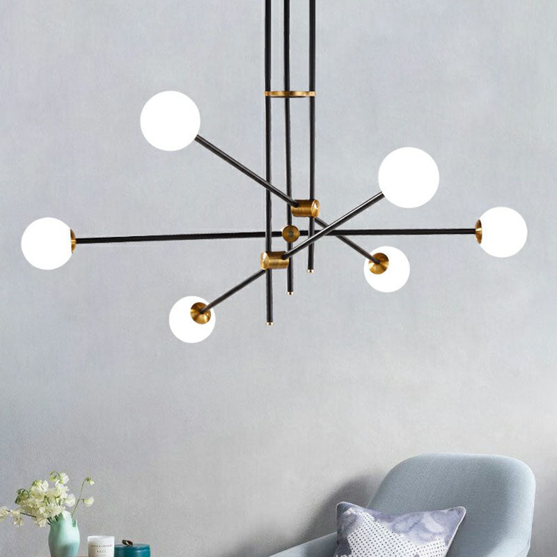 Lustre linéaire en métal noir élégant avec abat-jour en verre blanc en forme de boule - Parfait pour l'éclairage suspendu du salon