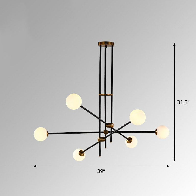 Lustre linéaire en métal noir élégant avec abat-jour en verre blanc en forme de boule - Parfait pour l'éclairage suspendu du salon