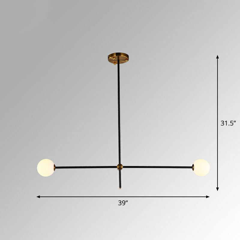 Lustre linéaire en métal noir élégant avec abat-jour en verre blanc en forme de boule - Parfait pour l'éclairage suspendu du salon