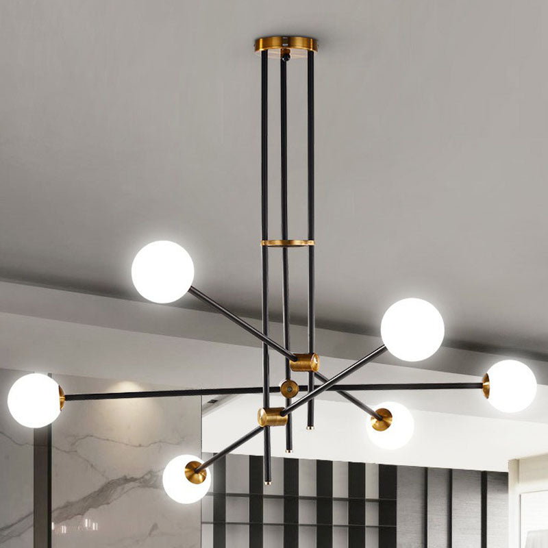 Lustre linéaire en métal noir élégant avec abat-jour en verre blanc en forme de boule - Parfait pour l'éclairage suspendu du salon