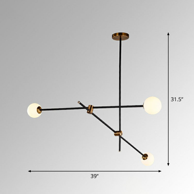 Lustre linéaire en métal noir élégant avec abat-jour en verre blanc en forme de boule - Parfait pour l'éclairage suspendu du salon