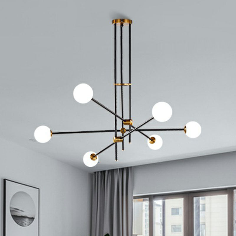 Lustre linéaire en métal noir élégant avec abat-jour en verre blanc en forme de boule - Parfait pour l'éclairage suspendu du salon