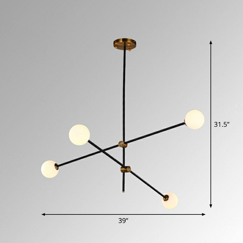 Lustre linéaire en métal noir élégant avec abat-jour en verre blanc en forme de boule - Parfait pour l'éclairage suspendu du salon