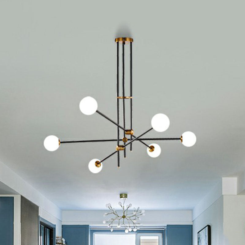 Lustre linéaire en métal noir élégant avec abat-jour en verre blanc en forme de boule - Parfait pour l'éclairage suspendu du salon