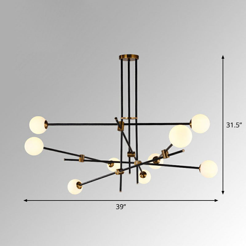 Lustre linéaire en métal noir élégant avec abat-jour en verre blanc en forme de boule - Parfait pour l'éclairage suspendu du salon