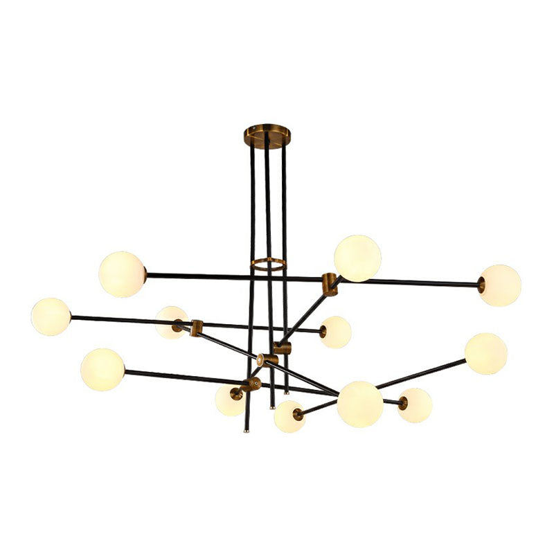 Lustre linéaire en métal noir élégant avec abat-jour en verre blanc en forme de boule - Parfait pour l'éclairage suspendu du salon