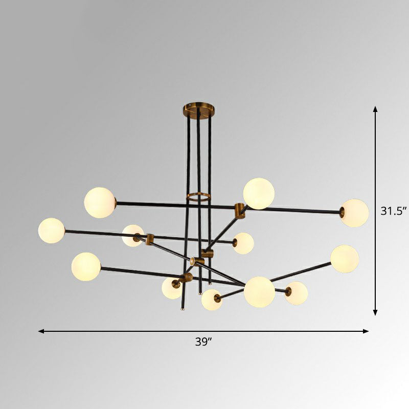 Lustre linéaire en métal noir élégant avec abat-jour en verre blanc en forme de boule - Parfait pour l'éclairage suspendu du salon