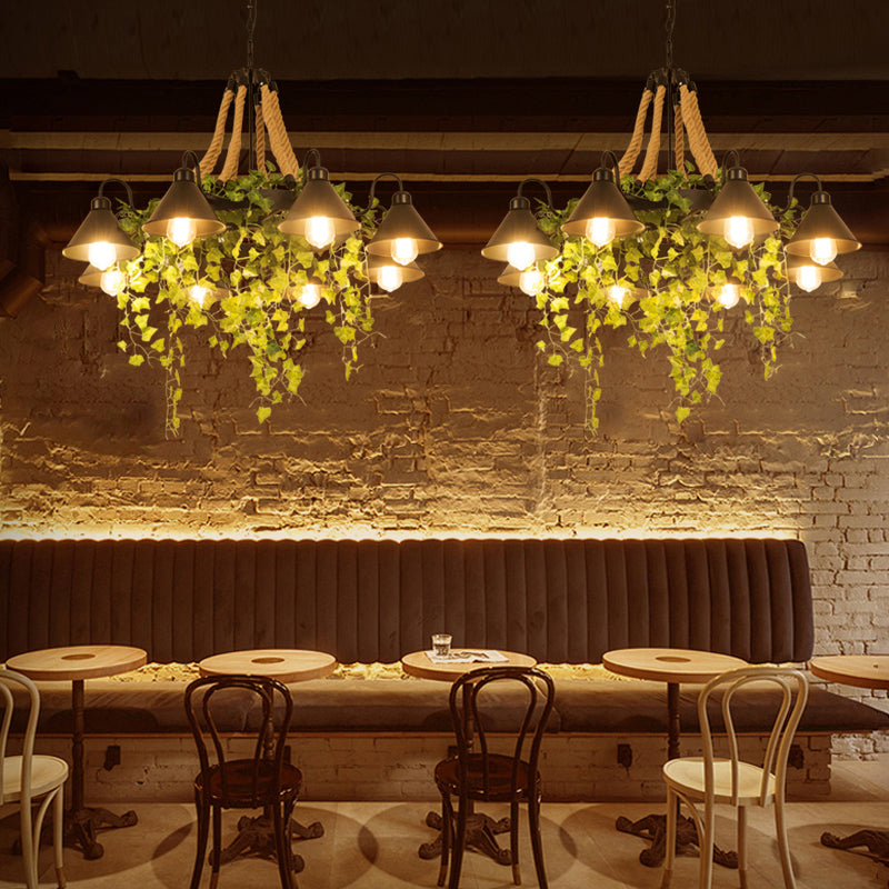 Conical Iron Chandelier - 8-Head Dining Room Hanging Lamp With Vine Decor Warehouse Styling