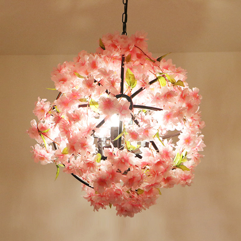 Pink Cherry Blossom Farmhouse Chandelier - Metal Dining Room Suspension Light Fixture