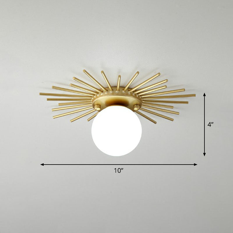 Sleek Opal Glass Semi-Flush Mount Ceiling Light For Foyer - Golden Sunburst Design