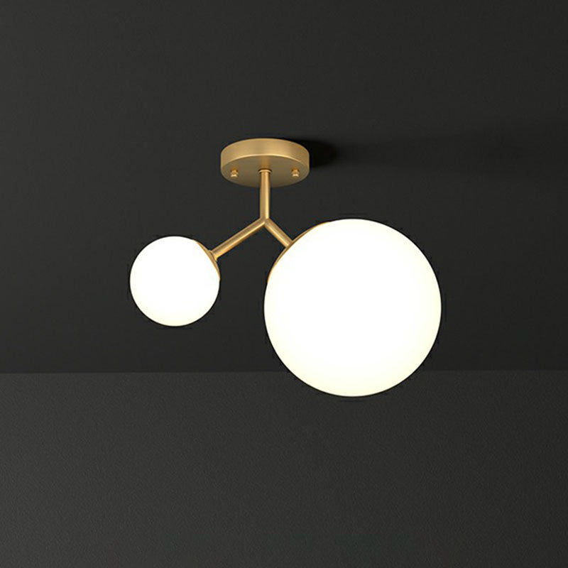 Sleek Gold Semi Flush Mount Ceiling Light with Minimalist Milky Glass - 2-Head Flushmount Lighting