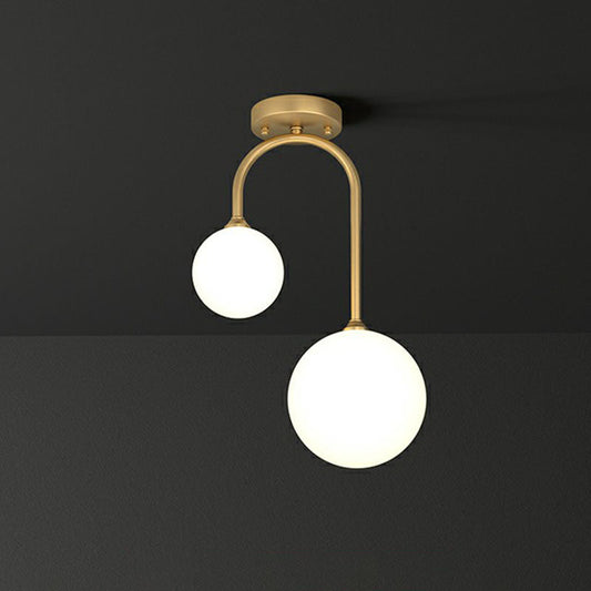 Sleek Gold Semi Flush Mount Ceiling Light with Minimalist Milky Glass - 2-Head Flushmount Lighting