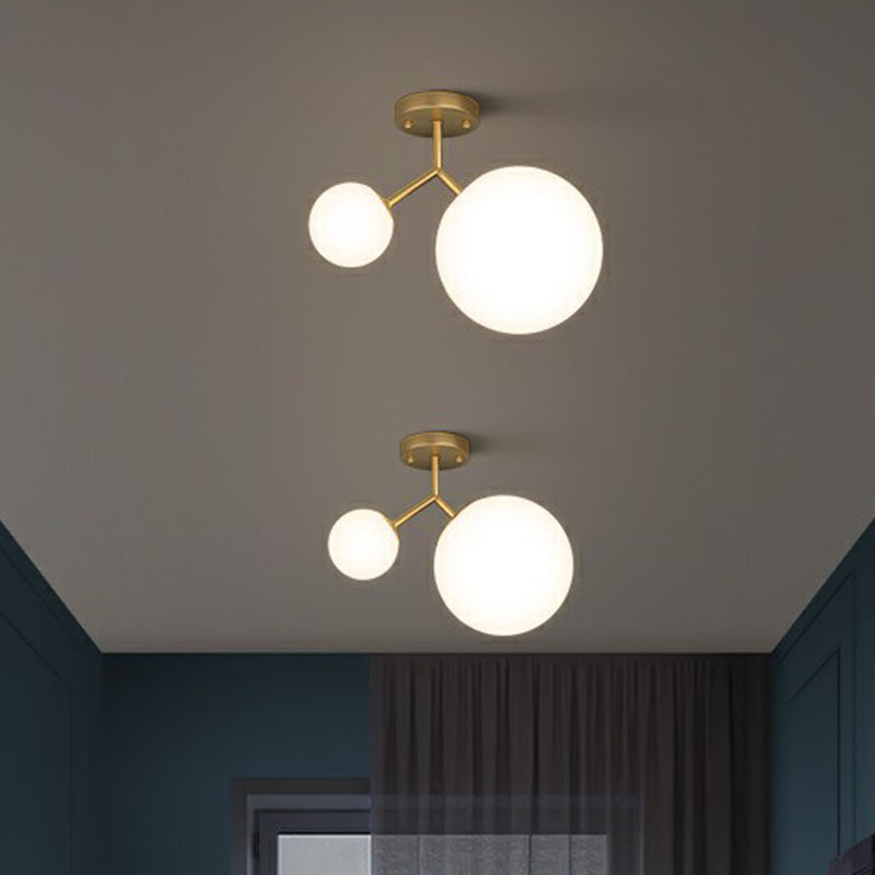 Sleek Gold Semi Flush Mount Ceiling Light with Minimalist Milky Glass - 2-Head Flushmount Lighting