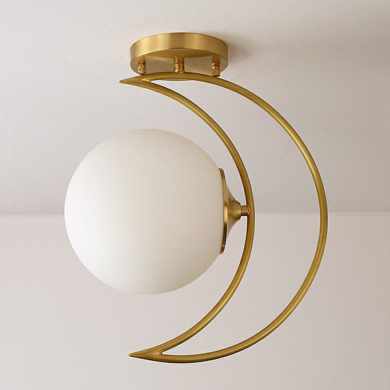 White Glass Semi Flush Ceiling Light with Nordic Style Gold Crescent Design