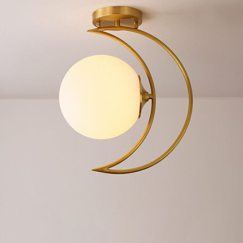 White Glass Semi Flush Ceiling Light with Nordic Style Gold Crescent Design