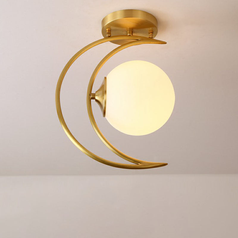 White Glass Semi Flush Ceiling Light with Nordic Style Gold Crescent Design