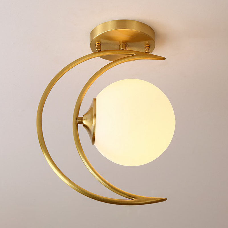 White Glass Semi Flush Ceiling Light with Nordic Style Gold Crescent Design