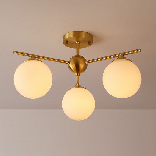 Simplicity Milk Glass Globe Semi Flush Mount Light - 3-Bulb Antiqued Gold Ceiling Fixture