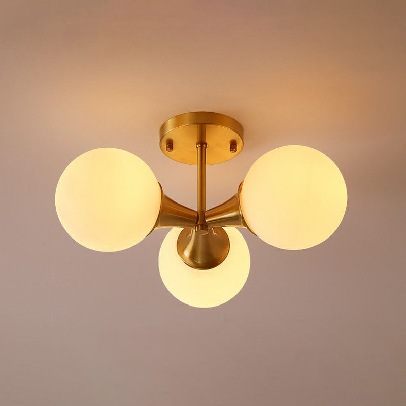 Postmodern Gold Finish Flush Mount Ceiling Light with White Glass Ball