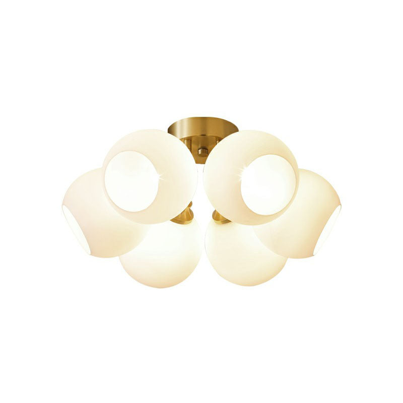 Gold Plated Semi-Flush Ceiling Light with Milky Glass Dome for Bedroom