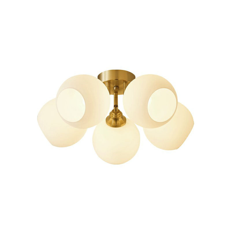 Gold Plated Semi-Flush Ceiling Light with Milky Glass Dome for Bedroom
