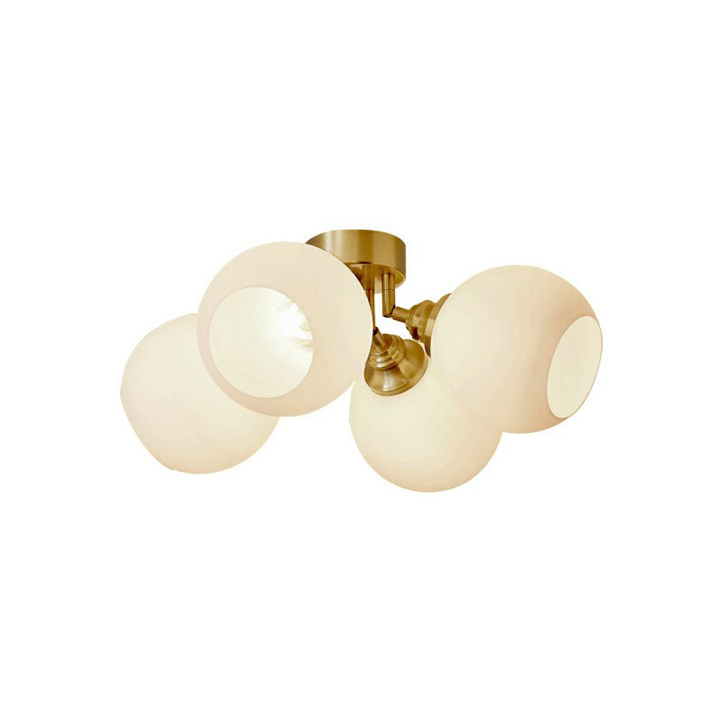 Gold Plated Semi-Flush Ceiling Light with Milky Glass Dome for Bedroom