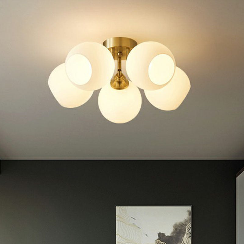 Gold Plated Semi-Flush Ceiling Light with Milky Glass Dome for Bedroom