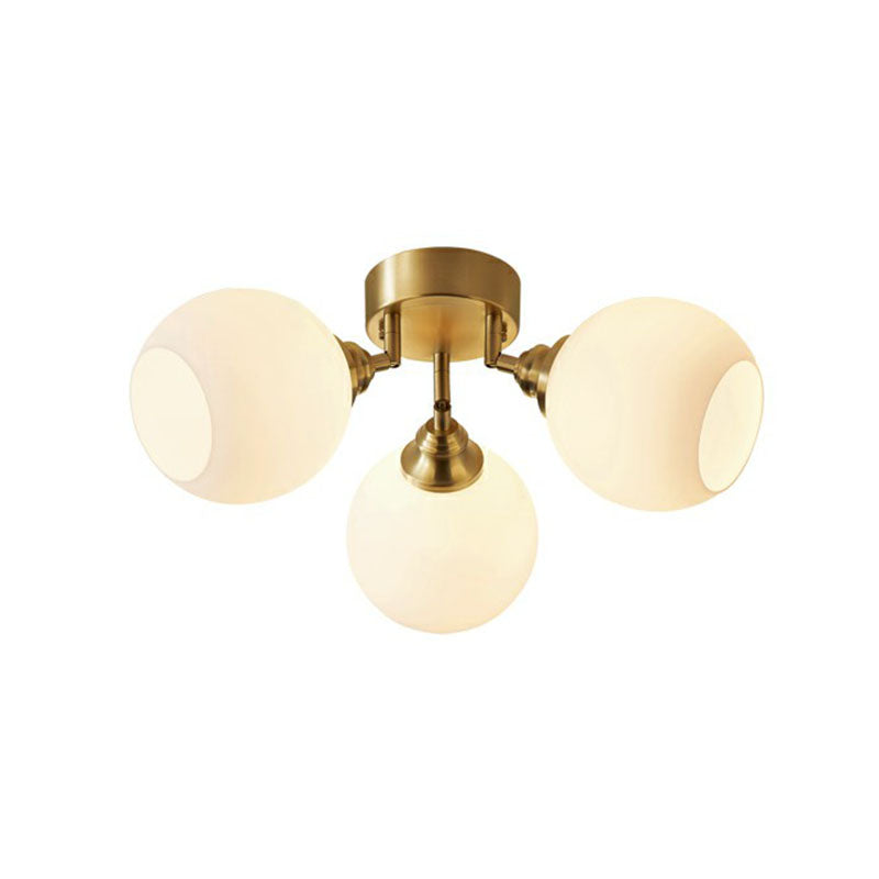 Gold Plated Semi-Flush Ceiling Light with Milky Glass Dome for Bedroom