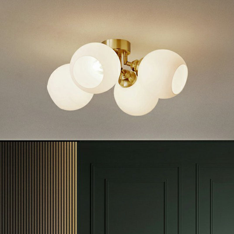 Gold Plated Semi-Flush Ceiling Light with Milky Glass Dome for Bedroom
