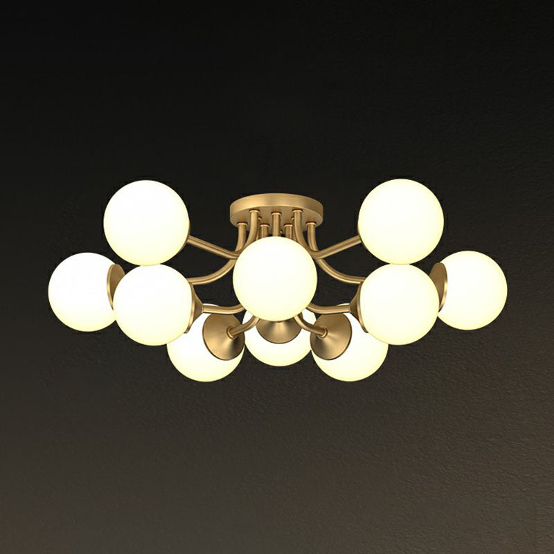 Lustre postmoderne en verre opale plaqué or - Plafonnier semi-encastré pour salon