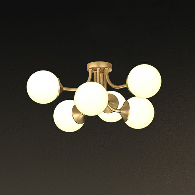 Lustre postmoderne en verre opale plaqué or - Plafonnier semi-encastré pour salon