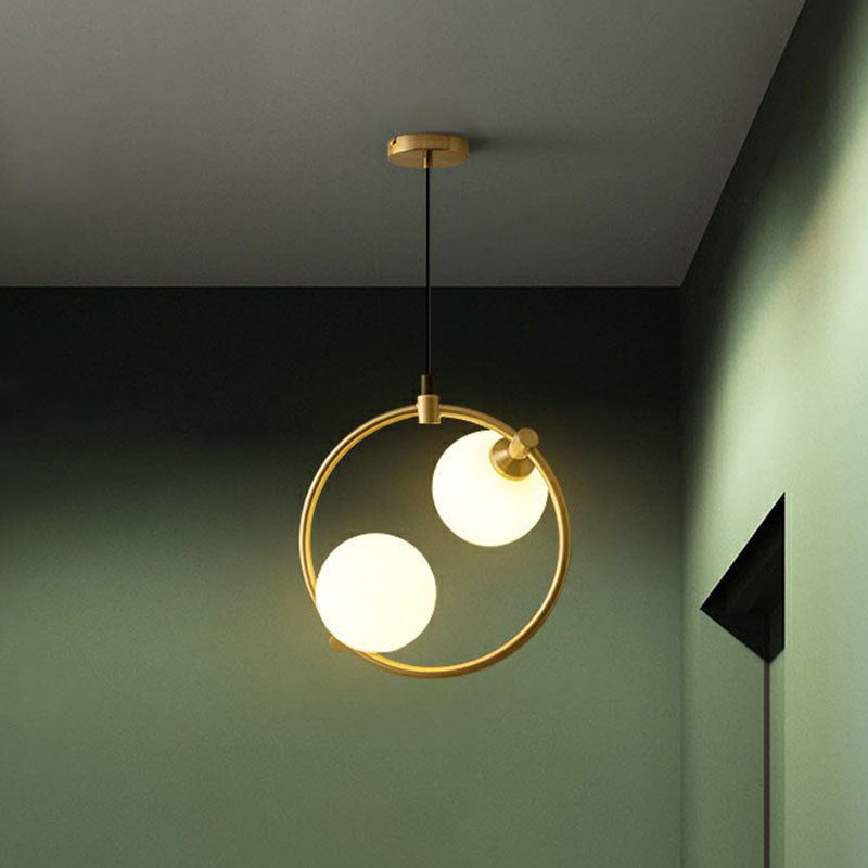 Opal Glass 2-Bulb Ball Pendant Chandelier - Simple Style Dining Room Ceiling Light in Gold