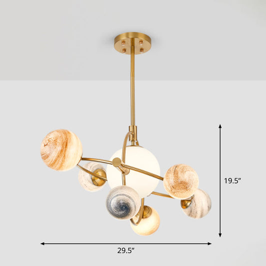 Planet Children's Chandelier: Stained Glass, 7-Light Ceiling Light with Metal Ring in Gold - Modern & Stylish