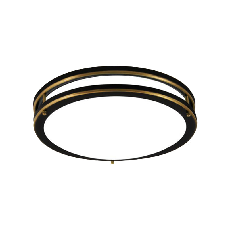 LED Ceiling Mount Drum Flush Light Fixture for Corridor - Black/Brass Finish with Warm/White Light Options - 12"/16" W
