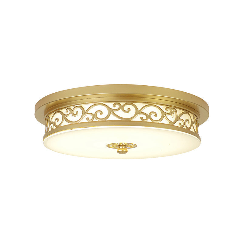 Gold Drum Flush Mount LED Lamp with Classic White Glass - Ideal Living Room Ceiling Light in White or Warm Light (12"/16"/19.5" W)