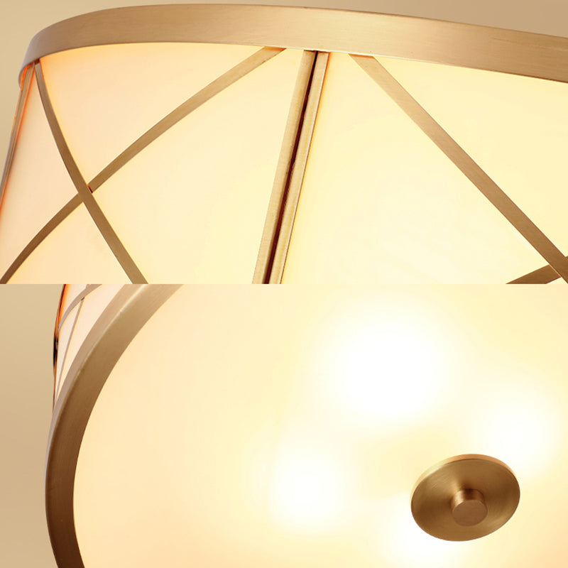 Traditional White Glass Drum Dining Room Flushmount Light with Brass Accent, 4 Lights, 11"/14"/18" W